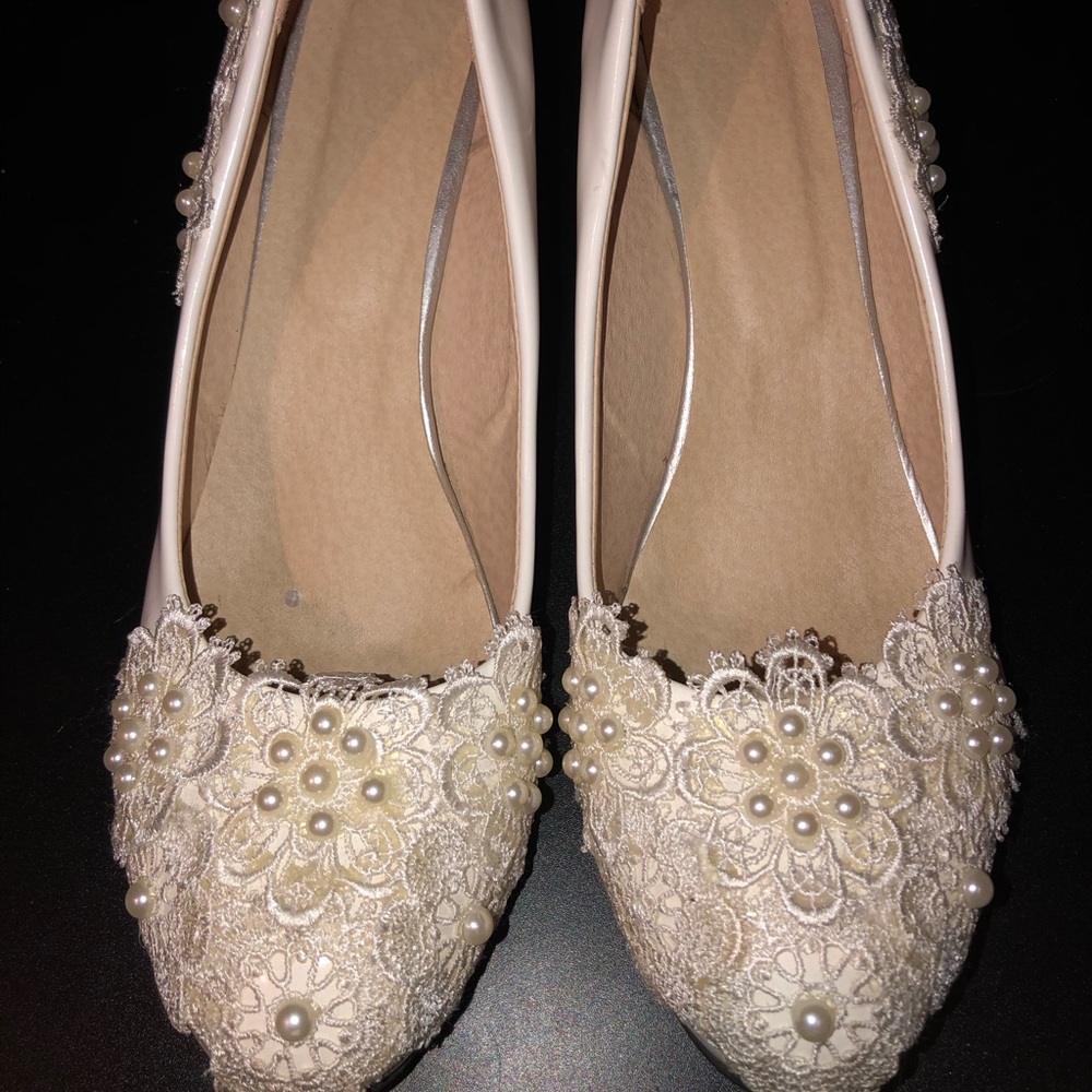 Custom Lace & Pearl wedge heels